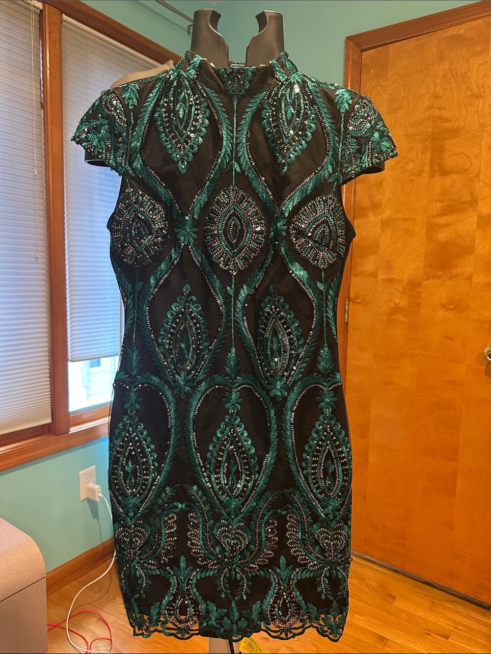 Emerald & Black Beaded Sheath Dress